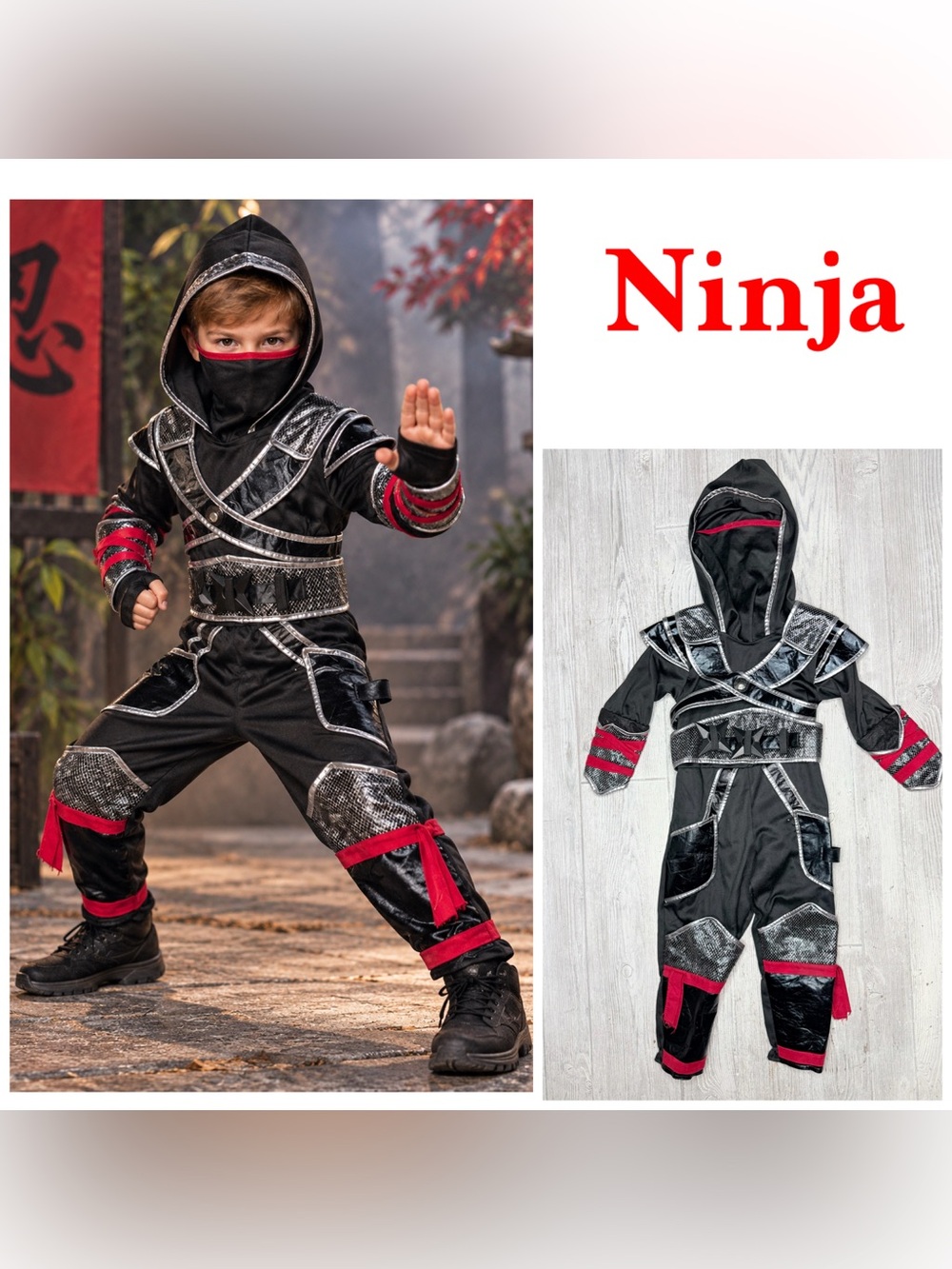 Ninja Halloween costume dress up long sleeve hooded / masked outfit 6-8 years